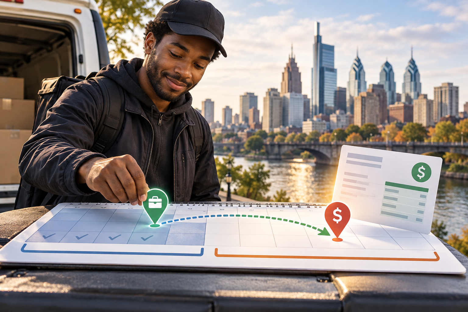 first payday for a delivery job in Philadelphia: connecting the confirmed start and opening pay-period boundaries with the date that period’s wages are scheduled to be paid.