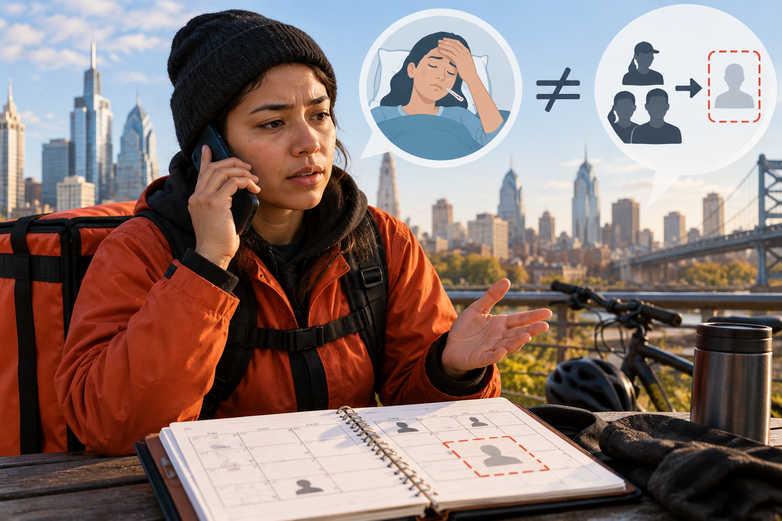 sick leave for Philadelphia delivery workers: distinguishing an absence report from a replacement-worker condition before treating the sick-time request as resolved.